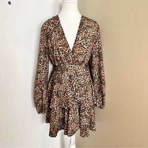 John Zack Leopard Print Skater Dress  Plunge Neck  Belted  UK Made  Size 10